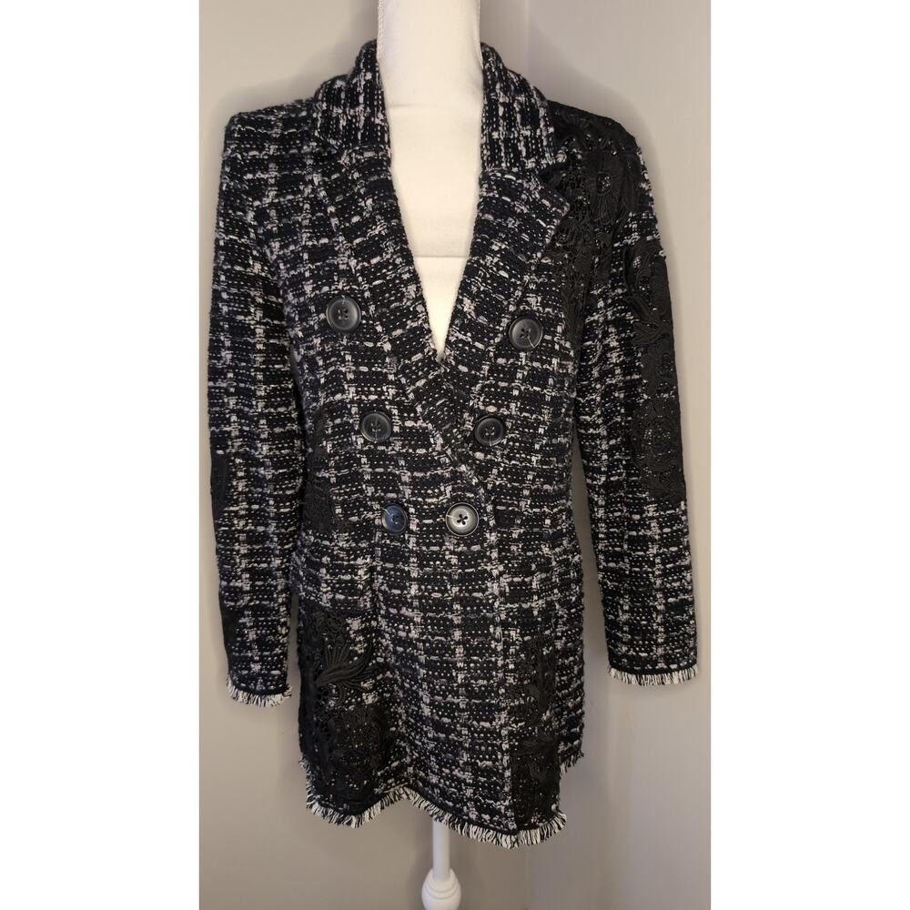 Chicos black lace tweed embroidery long winter blazer coat M